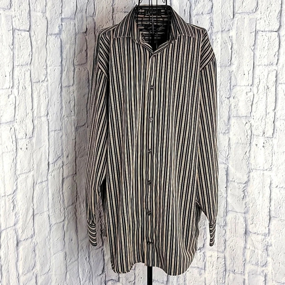 J FERRAR Blue, Brown, and Cream‎ Striped Dress Shirt 34/35 17 1/2 - Picture 1 of 5